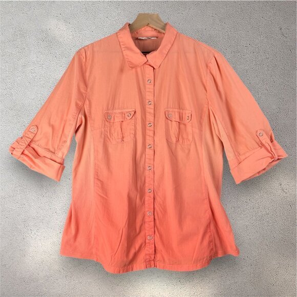 Style & Co. Tops - Style&Co Ombre Button Up Blouse Women’s M Short Sleeve Orange Boho Beachy Light